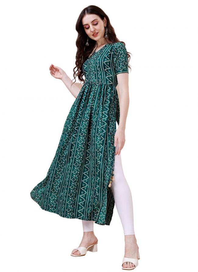 Rayon Green Party Wear Digital Printed Readymade Kurti 